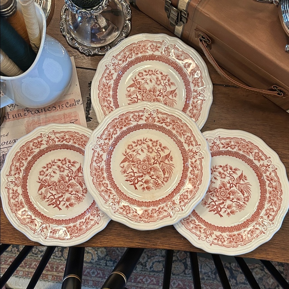 Set of Ironstone Oriental Bower Pheasant & Floral Transferware Salad Plates